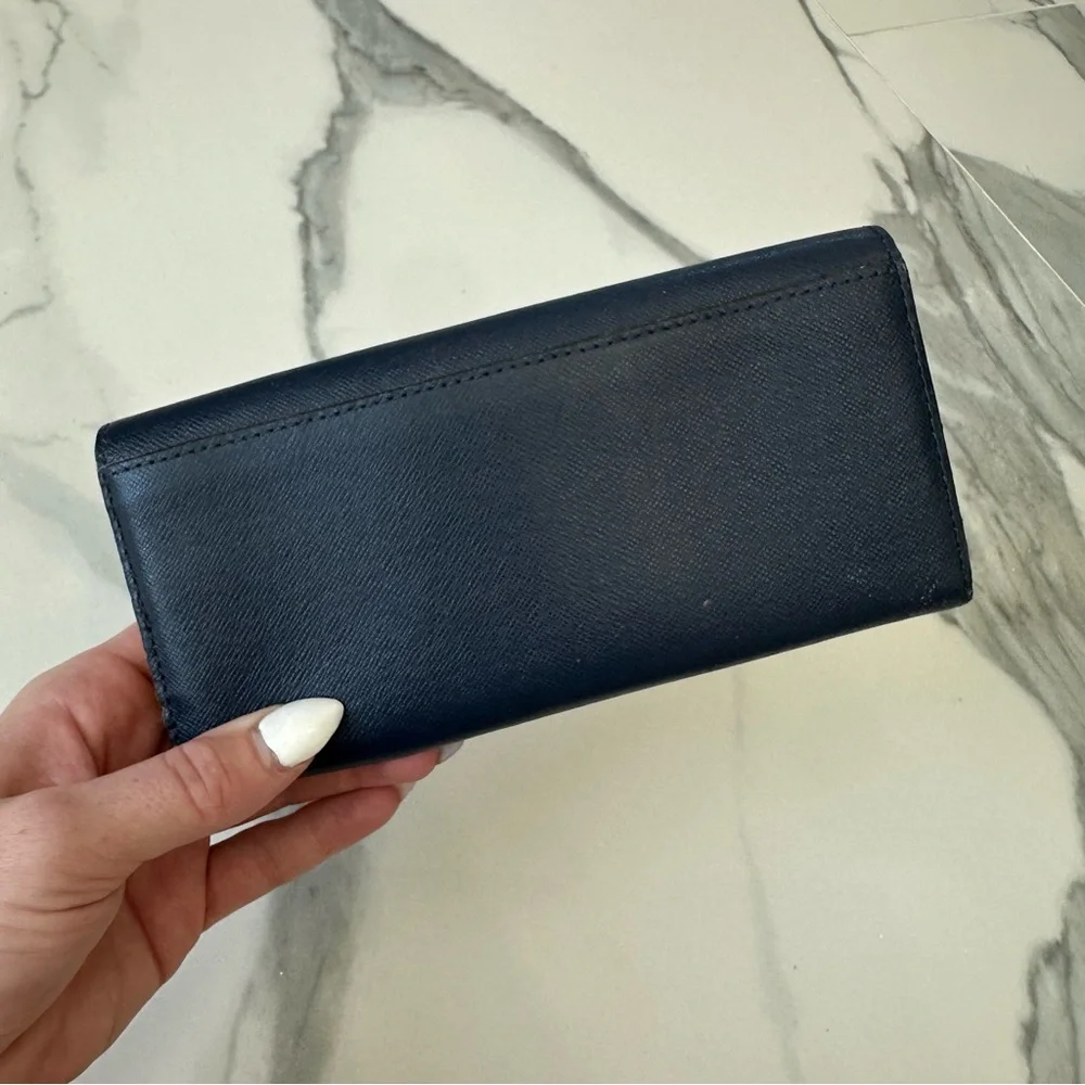 MICHAEL KORS Navy Blue & Yellow Leather Long Wallet Clutch Gold Hardware Button